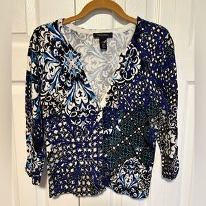 NWOT WHBM Blue and Black Patterned Cardigan with Pinched Buttons on Sleeves